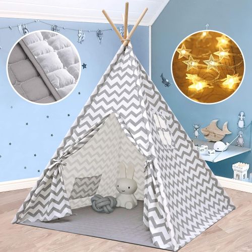  [아마존베스트]Tiny Land Teepee Tent for Kids with Mat- Play Tent for Boy Girl Indoor & Outdoor, Gray Chevron Heavy Cotton Canvas Teepee