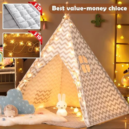  [아마존베스트]Tiny Land Teepee Tent for Kids with Mat- Play Tent for Boy Girl Indoor & Outdoor, Gray Chevron Heavy Cotton Canvas Teepee