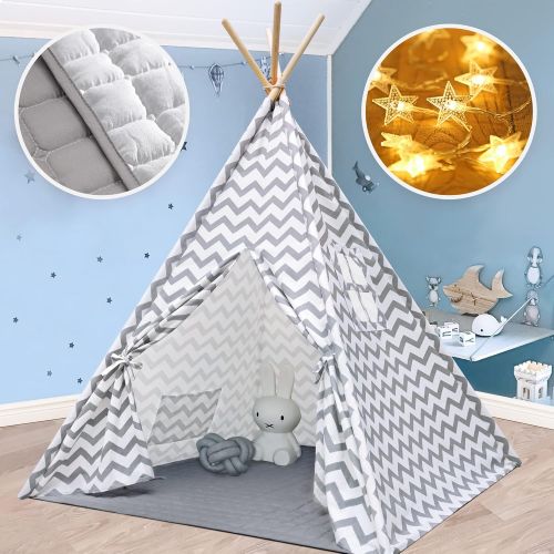  [아마존베스트]Tiny Land Teepee Tent for Kids with Mat- Play Tent for Boy Girl Indoor & Outdoor, Gray Chevron Heavy Cotton Canvas Teepee