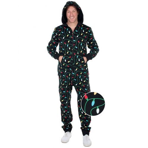  Tipsy+Elves Tipsy Elves Womens and Mens Unisex Black Christmas Lights Jumpsuit - Ugly Christmas Sweater Party Adult Onesie