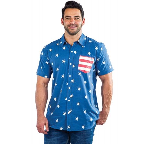  Tipsy Elves Mens American Flag Shirt - Blue USA Patriotic Button Down Hawaiian Shirt for Guys