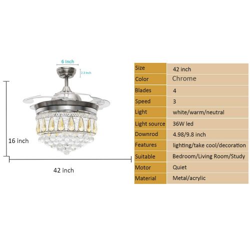  TiptonLight 42 Inch Crystal Ceiling Fan Light with Remote Control Living Room Bedroom Home Folding Fan Lamp 110 Volt 36W Led Light 3 Changing Colors