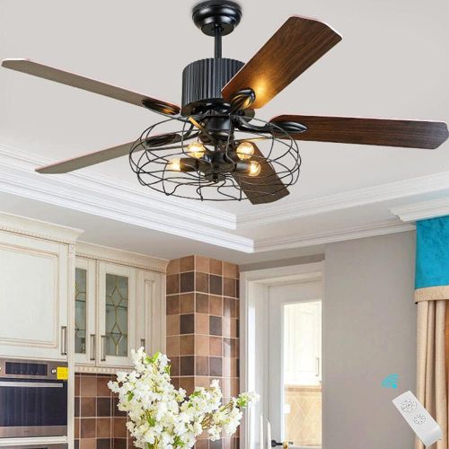  TiptonLight 52 Inch Industrial Cage Ceiling Fan with Lights and Remote Black Ceiling Fan Flush Mount Farmhouse Ceiling Fan with Light Chandelier Ceiling Fans for Livingroom/Bedroom