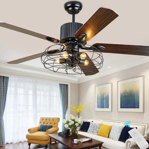  TiptonLight 52 Inch Industrial Cage Ceiling Fan with Lights and Remote Black Ceiling Fan Flush Mount Farmhouse Ceiling Fan with Light Chandelier Ceiling Fans for Livingroom/Bedroom