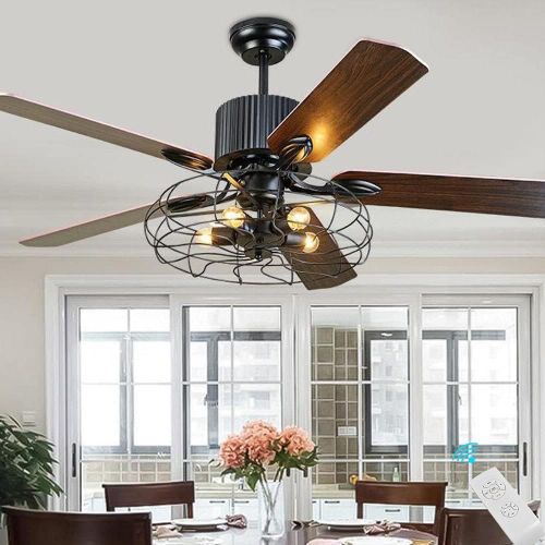  TiptonLight 52 Inch Industrial Cage Ceiling Fan with Lights and Remote Black Ceiling Fan Flush Mount Farmhouse Ceiling Fan with Light Chandelier Ceiling Fans for Livingroom/Bedroom