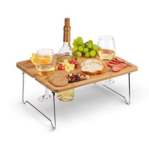  Tirrinia Outdoor Wine Picnic Table, Folding Portable Bamboo Wine Glasses & Bottle, Snack and Cheese Holder Tray for Concerts at Park, Beach, Ideal Wine Lover Gift