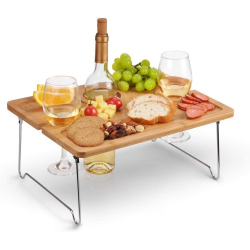  Tirrinia Outdoor Wine Picnic Table, Folding Portable Bamboo Wine Glasses & Bottle, Snack and Cheese Holder Tray for Concerts at Park, Beach, Ideal Wine Lover Gift