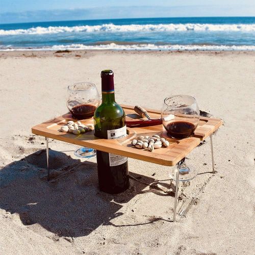  Tirrinia Outdoor Wine Picnic Table, Folding Portable Bamboo Wine Glasses & Bottle, Snack and Cheese Holder Tray for Concerts at Park, Beach, Ideal Wine Lover Gift