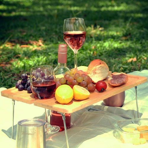  Tirrinia Outdoor Wine Picnic Table, Folding Portable Bamboo Wine Glasses & Bottle, Snack and Cheese Holder Tray for Concerts at Park, Beach, Ideal Wine Lover Gift