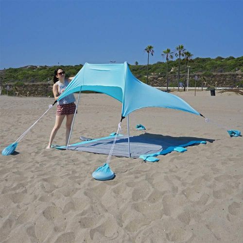  Titan Beach Canopy Sky Blue Sunshade with Sandbag Anchors and Mat - 7ft x 7ft - UPF 50+ - Tent Includes Carry Bag - Weighs 5 Pounds - Portable, Family Sun Protection for The Beach,