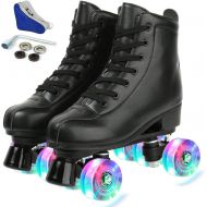 Tmore Womens Derby Roller Skates Light Up Wheels, Adjustable Outdoor PU Leather Double Sneaker Row Roller Skates Wheels for Teens and Youth