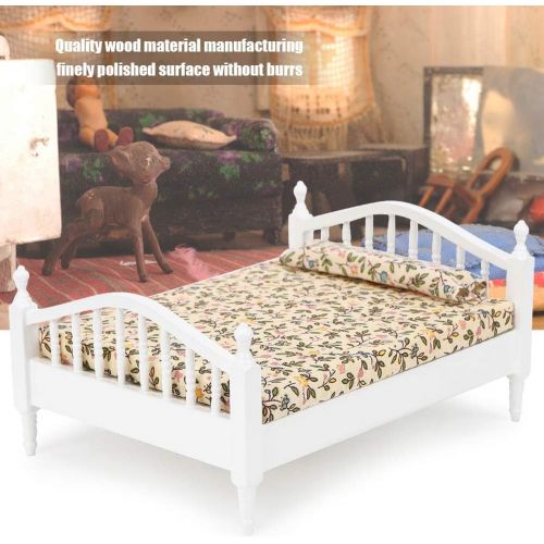  Tnfeeon 1:12 Dollhouse Decoration, Kids Doll House Miniature Bedroom Single Bed with Mattress Wooden Mini Model Set Accessory(Bed)