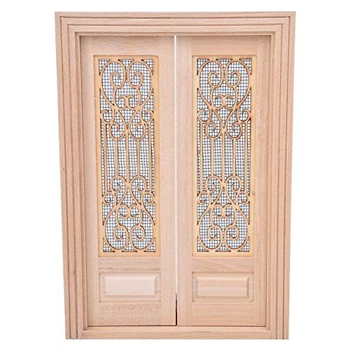  Tnfeeon 1:12 Dollhouse Wood External Hollow Screen Model DIY Mini Unpainted Wood Double Door Accessory Decoration for Dolls House Rooms(Double Door)