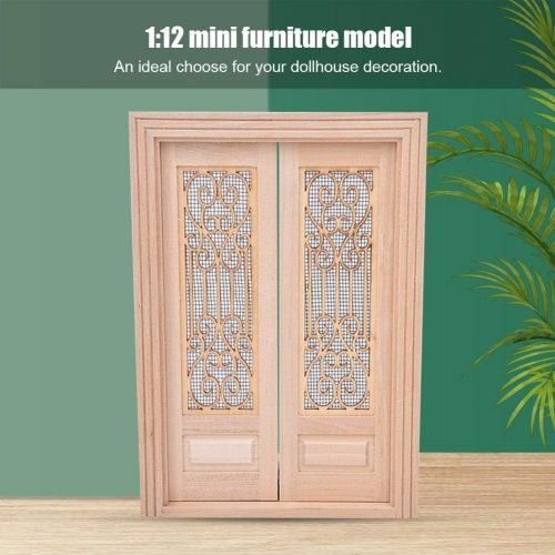  Tnfeeon 1:12 Dollhouse Wood External Hollow Screen Model DIY Mini Unpainted Wood Double Door Accessory Decoration for Dolls House Rooms(Double Door)