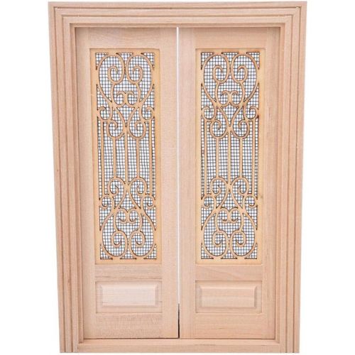  Tnfeeon 1:12 Dollhouse Wood External Hollow Screen Model DIY Mini Unpainted Wood Double Door Accessory Decoration for Dolls House Rooms(Double Door)