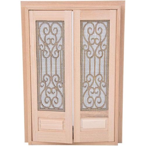  Tnfeeon 1:12 Dollhouse Wood External Hollow Screen Model DIY Mini Unpainted Wood Double Door Accessory Decoration for Dolls House Rooms(Double Door)