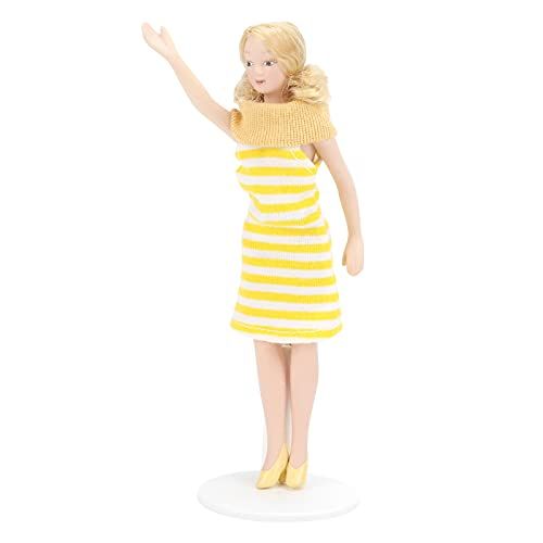  Tnfeeon Dollhouse Girl, 1:12 Scale Miniature Porcelain Blonde Hair Dollhouse Woman in Yellow Dress Dollhouse Decorations