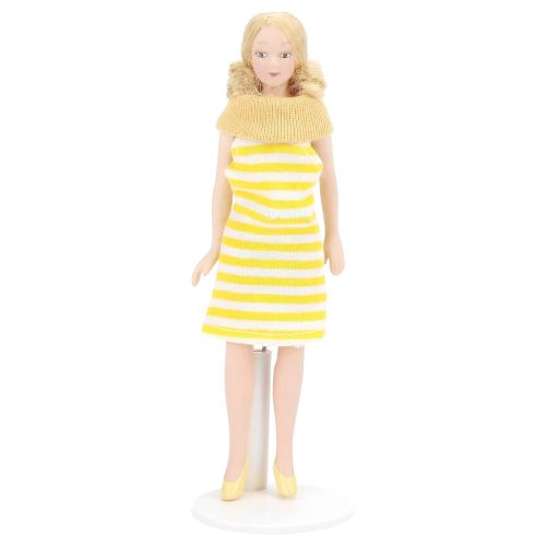  Tnfeeon Dollhouse Girl, 1:12 Scale Miniature Porcelain Blonde Hair Dollhouse Woman in Yellow Dress Dollhouse Decorations