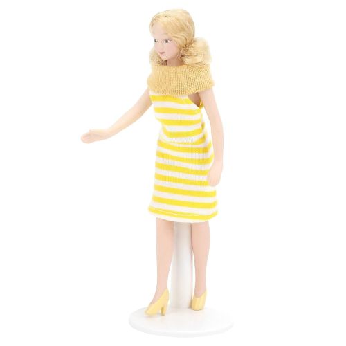  Tnfeeon Dollhouse Girl, 1:12 Scale Miniature Porcelain Blonde Hair Dollhouse Woman in Yellow Dress Dollhouse Decorations