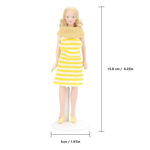  Tnfeeon Dollhouse Girl, 1:12 Scale Miniature Porcelain Blonde Hair Dollhouse Woman in Yellow Dress Dollhouse Decorations