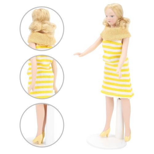  Tnfeeon Dollhouse Girl, 1:12 Scale Miniature Porcelain Blonde Hair Dollhouse Woman in Yellow Dress Dollhouse Decorations