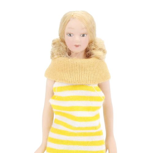  Tnfeeon Dollhouse Girl, 1:12 Scale Miniature Porcelain Blonde Hair Dollhouse Woman in Yellow Dress Dollhouse Decorations