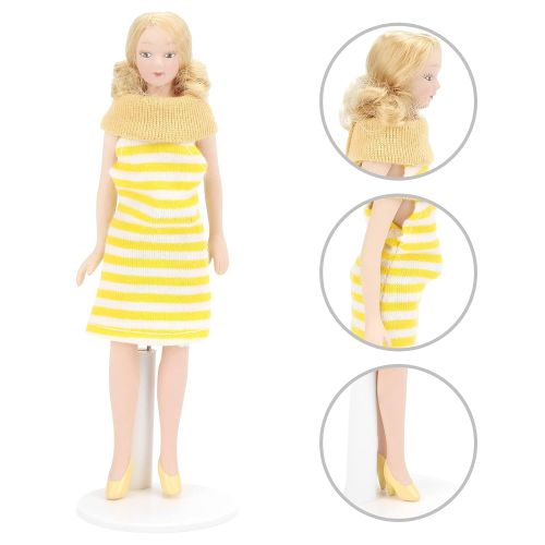  Tnfeeon Dollhouse Girl, 1:12 Scale Miniature Porcelain Blonde Hair Dollhouse Woman in Yellow Dress Dollhouse Decorations