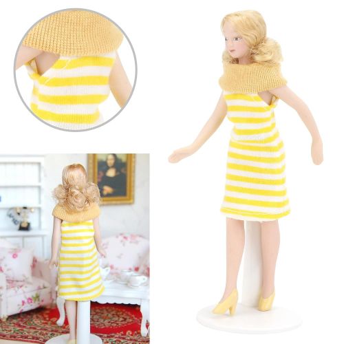  Tnfeeon Dollhouse Girl, 1:12 Scale Miniature Porcelain Blonde Hair Dollhouse Woman in Yellow Dress Dollhouse Decorations