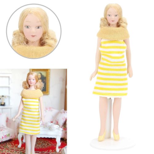  Tnfeeon Dollhouse Girl, 1:12 Scale Miniature Porcelain Blonde Hair Dollhouse Woman in Yellow Dress Dollhouse Decorations