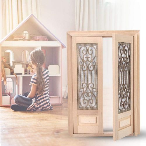  Tnfeeon Doll Door, 1:12 Dollhouse Furniture Miniature DIY Hollow Wooden Door Set Wood Exterior Door Excellent Furniture Model