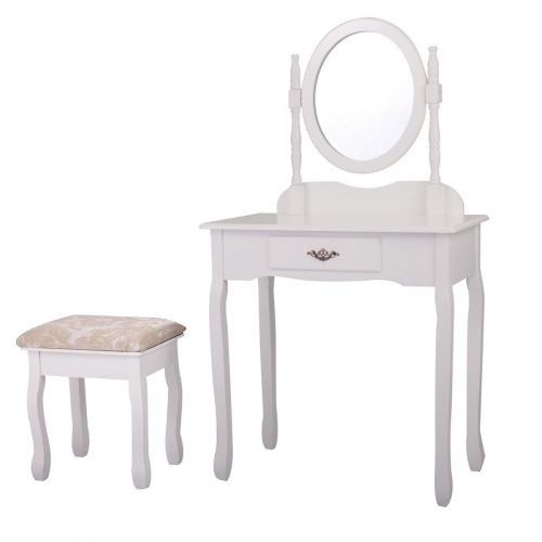  Tobbi Vanity Mirror Table Set Make up Wood Chair Desk with Stool Bench White