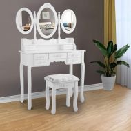 Tobbi Dressing Vanity Table 3 Mirror w/7 Drawer Makeup Desk Vanity Set White Oval Mirror Makeup Dresser