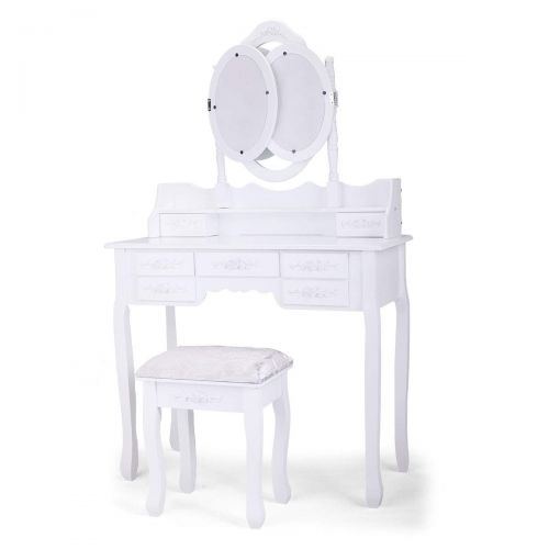  Tobbi Dressing Vanity Table 3 Mirror w/7 Drawer Makeup Desk Vanity Set White Oval Mirror Makeup Dresser