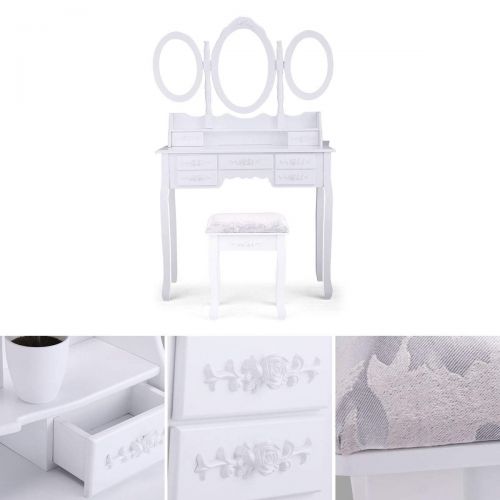  Tobbi Dressing Vanity Table 3 Mirror w/7 Drawer Makeup Desk Vanity Set White Oval Mirror Makeup Dresser