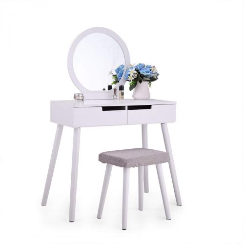  Tobbi White Makeup Vanity Table Set w/Round Mirror 2 Large Sliding Drawers