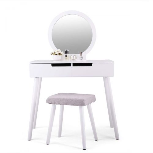  Tobbi White Makeup Vanity Table Set w/Round Mirror 2 Large Sliding Drawers