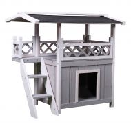 Tobbi Dog House Outdoor Shelter Roof Cat Condo Wood Steps Balcony Puppy Stairs Grey