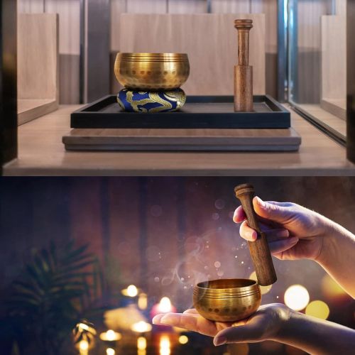  Tobelifo Tibetan Singing Bowl Set - Sing Bowl Unique Gift Helpful for Meditation, Yoga, Relaxation, Chakra Healing, Prayer and Mindfulness (Golden)명상종 싱잉볼