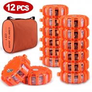 Tobfit 12 Pack LED Road Flares Emergency Lights Roadside Safety Beacon Disc Flashing Warning Flare Kit with Magnetic Base & Hook for Car Truck Boats | 9 Flash Modes (Batteries Not