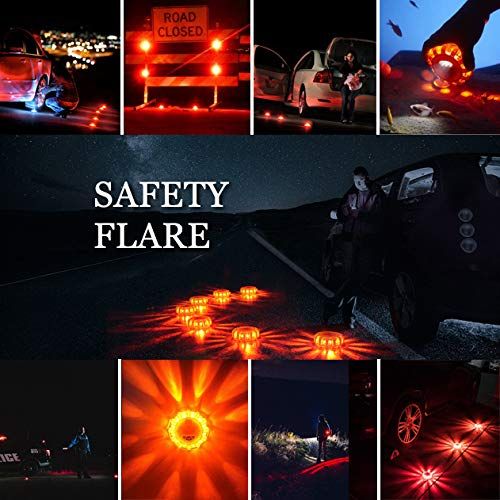  Tobfit 12 Pack LED Road Flares Emergency Lights Roadside Safety Beacon Disc Flashing Warning Flare Kit with Magnetic Base & Hook for Car Truck Boats | 9 Flash Modes (Batteries Not