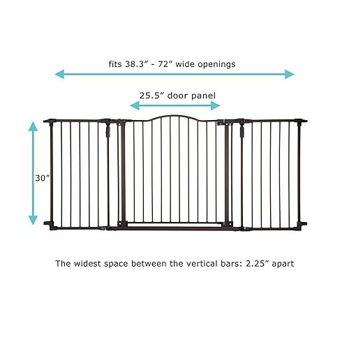  Toddleroo by North States 72” wide Deluxe Decor Baby Gate: Sturdy safety gate with one hand operation. Extra wide baby gate. Hardware Mount. Fits 38.3 - 72” Wide. (30
