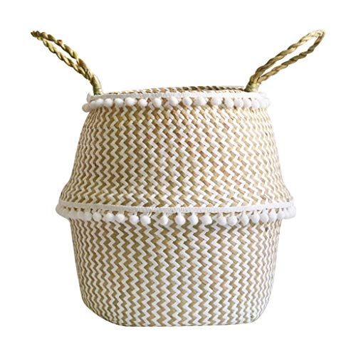  Togethor Seagrass Belly Plant Basket Small Natural & Plus Woven with Handles Woven Basket for Storage, Laundry, Picnic, and Beach Natural Round Wicker Planter