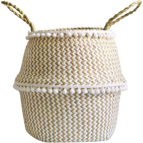  Togethor Seagrass Belly Plant Basket Small Natural & Plus Woven with Handles Woven Basket for Storage, Laundry, Picnic, and Beach Natural Round Wicker Planter