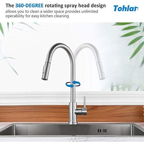  Tohlar Kitchen Sink Faucets with Pull-Down Sprayer, Modern Stainless Steel Single Handle Pull Down Sprayer Faucet (Brushed Nickel)