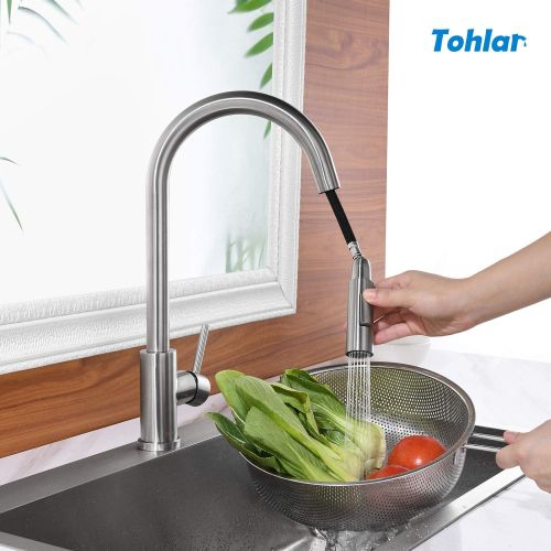 Tohlar Kitchen Sink Faucets with Pull-Down Sprayer, Modern Stainless Steel Single Handle Pull Down Sprayer Faucet (Brushed Nickel)