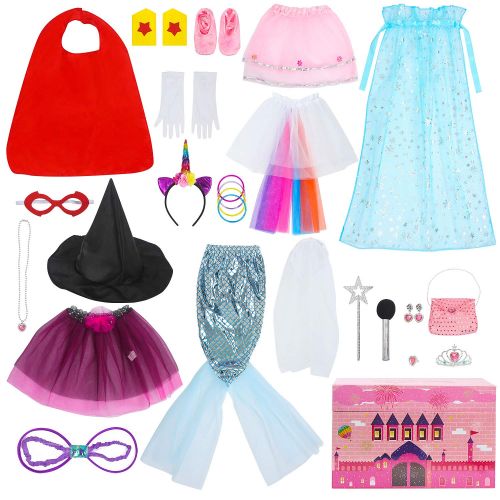  Toiijoy Girls Dress up Trunk,Princess,Fairy,Mermaid,Ballerina,Bride,Pop Star,Witch,Hero Costume for Little Girls Pink