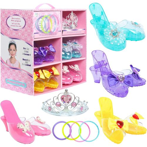  Toiijoy Girls Princess Dress up Shoes Role Play Collection Set with Princess Tiara and Bracelets for Little Girls