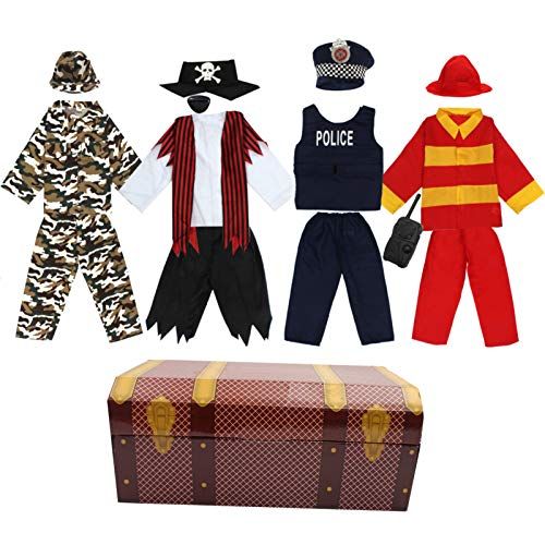  할로윈 용품Boys Dress up Trunk Toiijoy 15Pcs Role Play Costume Set-Pirate,Policeman,Soldier,Firefighter Costume for Kids Age 3-6yrs