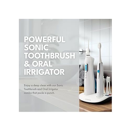  ToiletTree Products Poseidon Irrigator and Toothbrush Combo - Rechargeable Sonic Toothbrush and Oral Irrigator to Support Oral Health and Fight Bad Breath - Comes with Extra Tips for Multiple Users