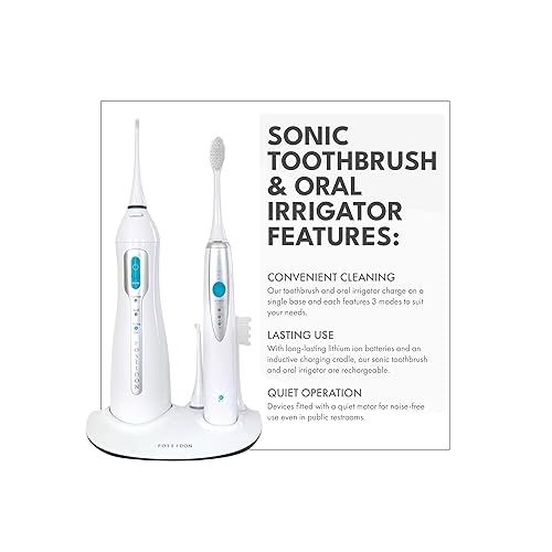  ToiletTree Products Poseidon Irrigator and Toothbrush Combo - Rechargeable Sonic Toothbrush and Oral Irrigator to Support Oral Health and Fight Bad Breath - Comes with Extra Tips for Multiple Users